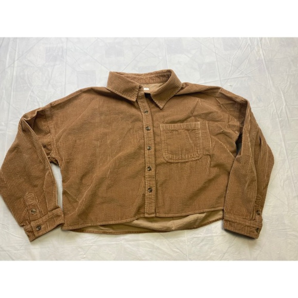 American Eagle Small S Cropped Brown Beige button up Corduroy Shirt top jacket‎